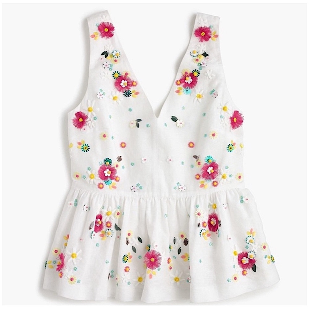 J. Crew White Linen Hand Embellished Floral Peplum Top